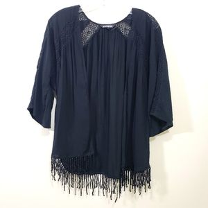 Express Black lace & tassel hemline short sleeve Open Front kimono Coverup Sz XS